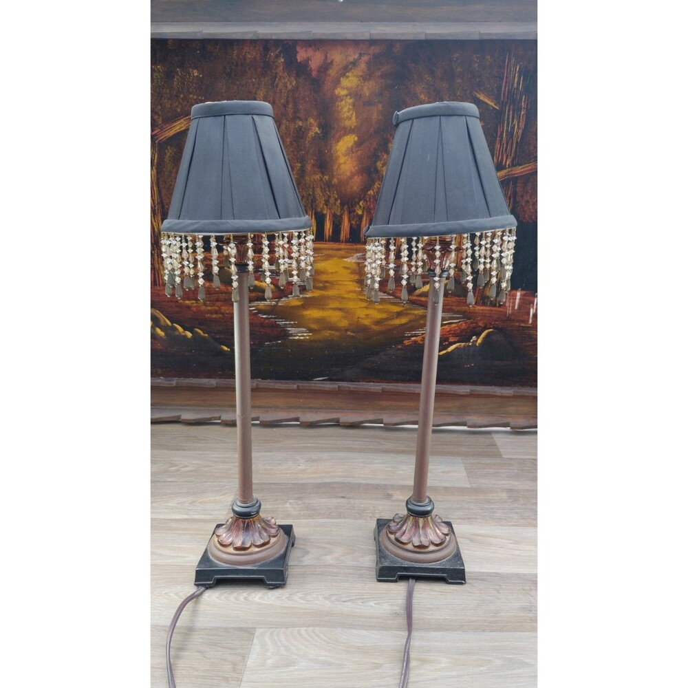 Pair Of Vintage Candlestick Table Lamp Beaded Shade Art Deco Works Read Descricp